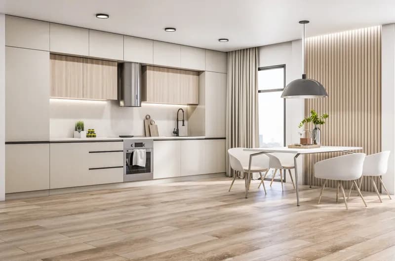 Contemporary kitchen with engineered flooring in Toorak
