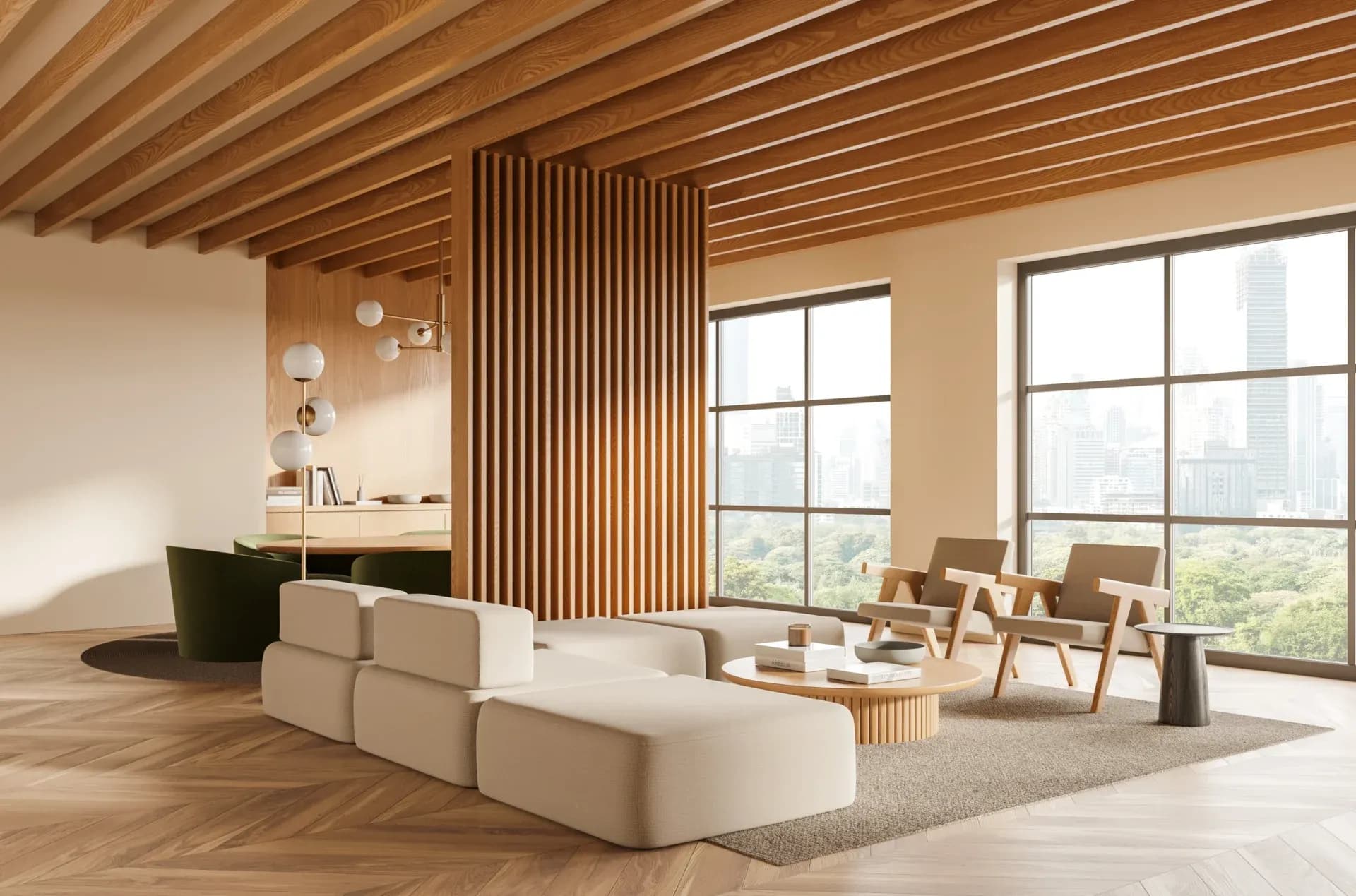 Warm oak herringbone floor in a bright, timber-lined living space